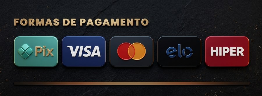 Formas de pagamento: Pix, Visa, Mastercard, Elo, Hiper