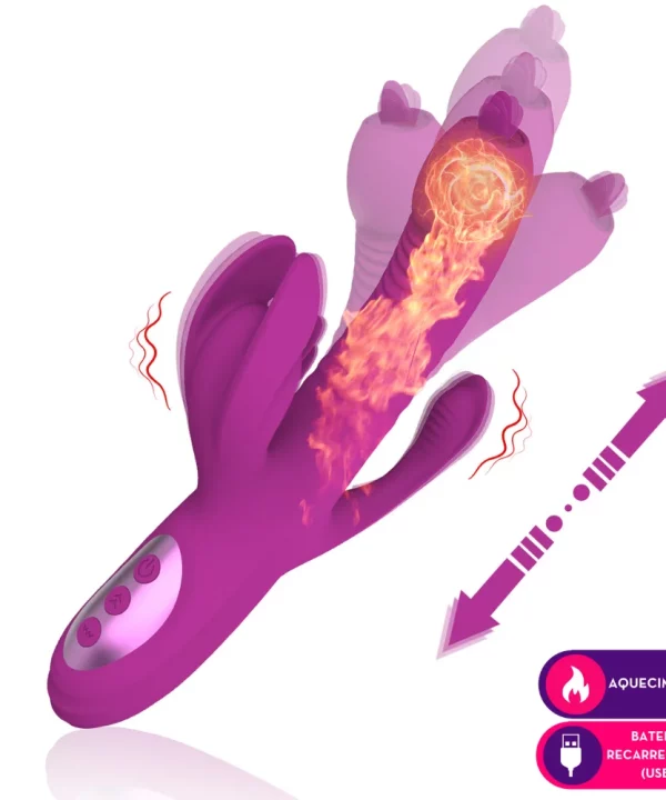 Vibrador estimulador triplo com vai e vem e aquecimento