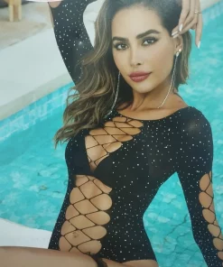 Body Arrastão Emilly Com Manga Longa E Strass