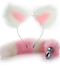 Kit Fantasia Erótica com 2 Peças - Branco com Rosa - Plug Tamanho G