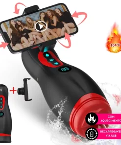 Super masturbador masculino com aquecimento e suporte para celular v8