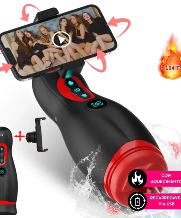 Super masturbador masculino com aquecimento e suporte para celular v8