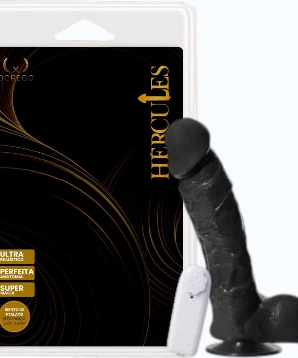Pênis com Vibrador Hércules – Hefesto 21,5 x 5,4 cm (com ventosa e escroto) - PRETO