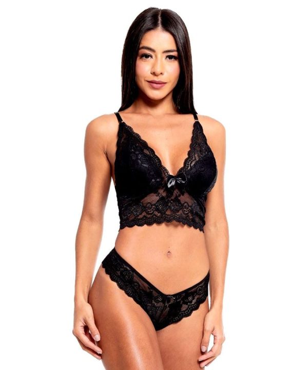 Conjunto Cropped Fio Dental Rendado Sensual Love - G - PRETO
