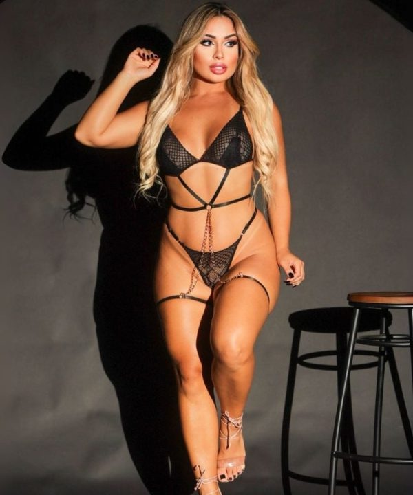 Conjunto Sensual Acorrentada Em Renda Mil Toques - PRETO