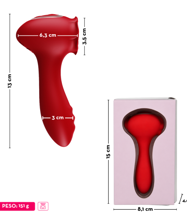 Vibrador duplo em formato de rosa com esfera giratória - VERMELHO