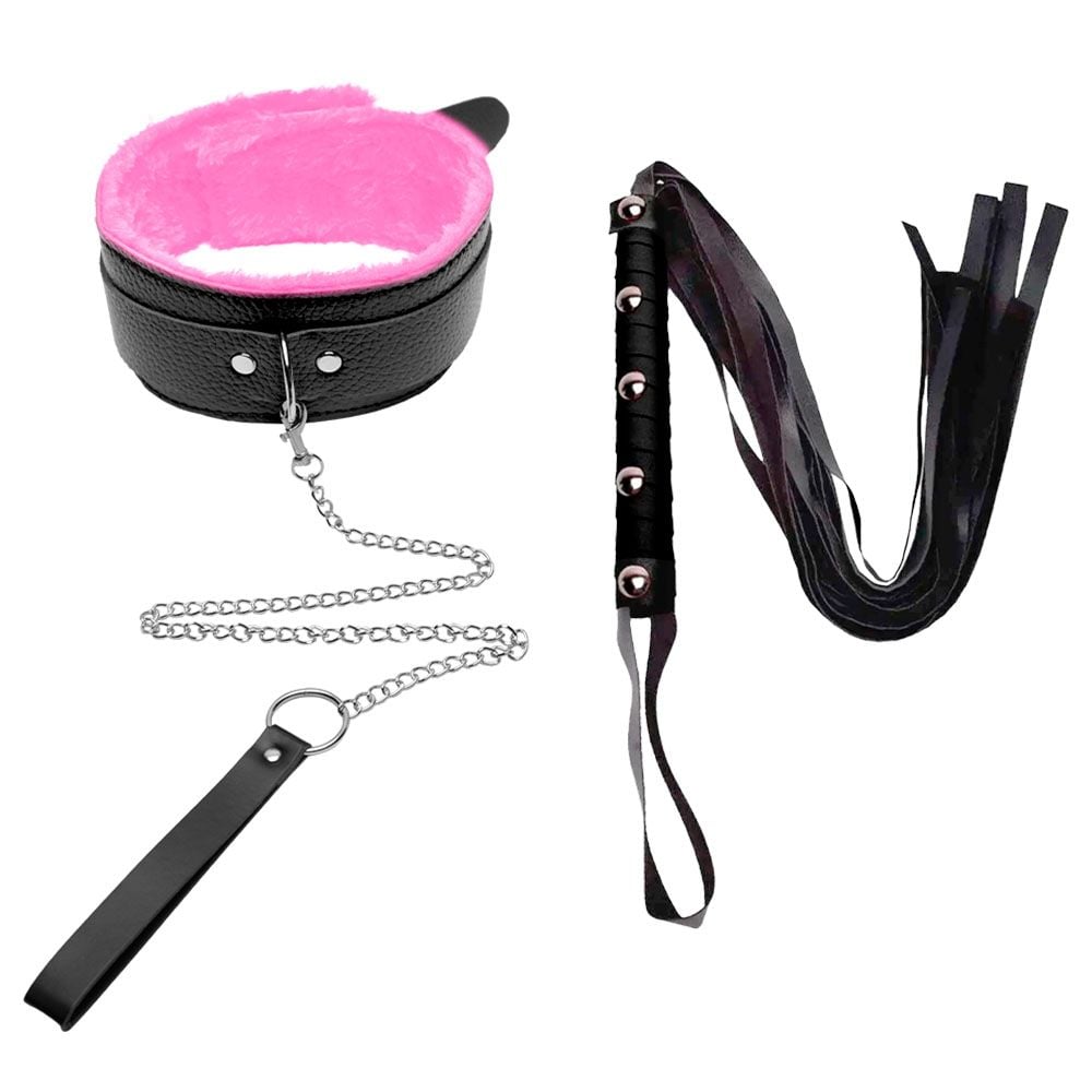 O Grego Sex Shop 1 Coleira Com Guia Corrente e Chicote Youvibe - ROSA