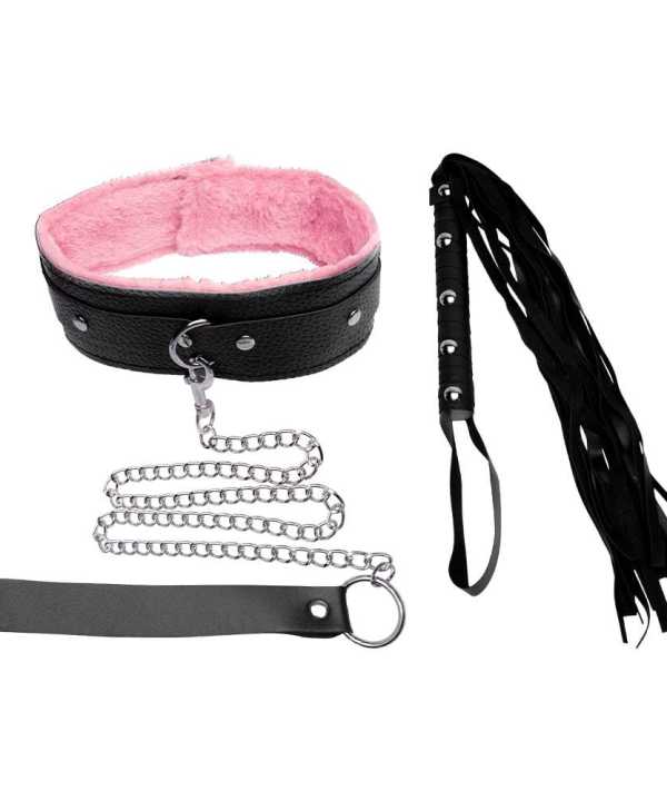 Kit Coleira Guia Corrente Chicote Luxo Sexy Import - PRETO COM ROSA