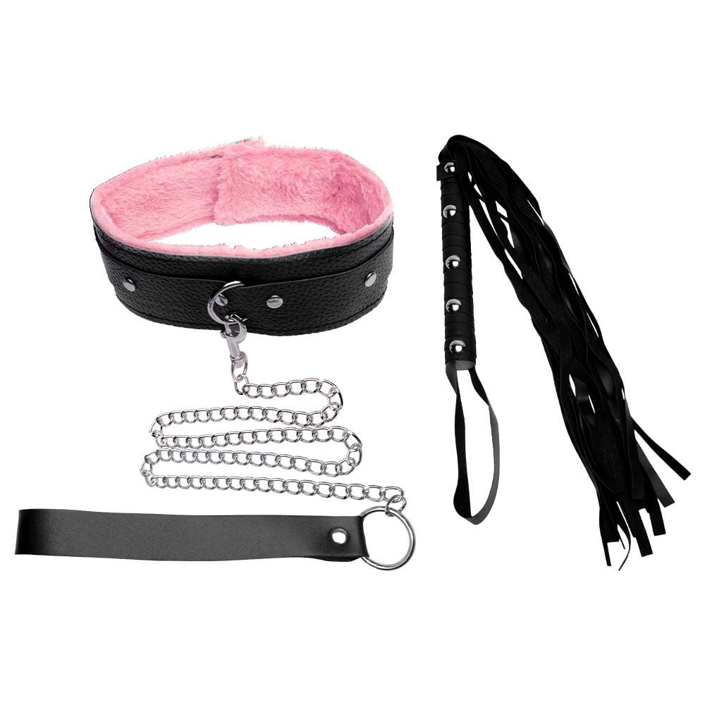 O Grego Sex Shop 1 Kit Coleira Guia Corrente Chicote Luxo Sexy Import - PRETO COM ROSA