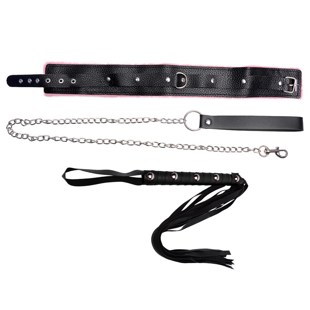 O Grego Sex Shop 2 Kit Coleira Guia Corrente Chicote Luxo Sexy Import - PRETO COM ROSA - Imagem 2