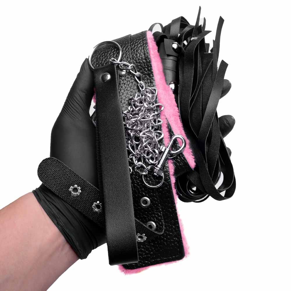 O Grego Sex Shop 3 Kit Coleira Guia Corrente Chicote Luxo Sexy Import - PRETO COM ROSA - Imagem 3