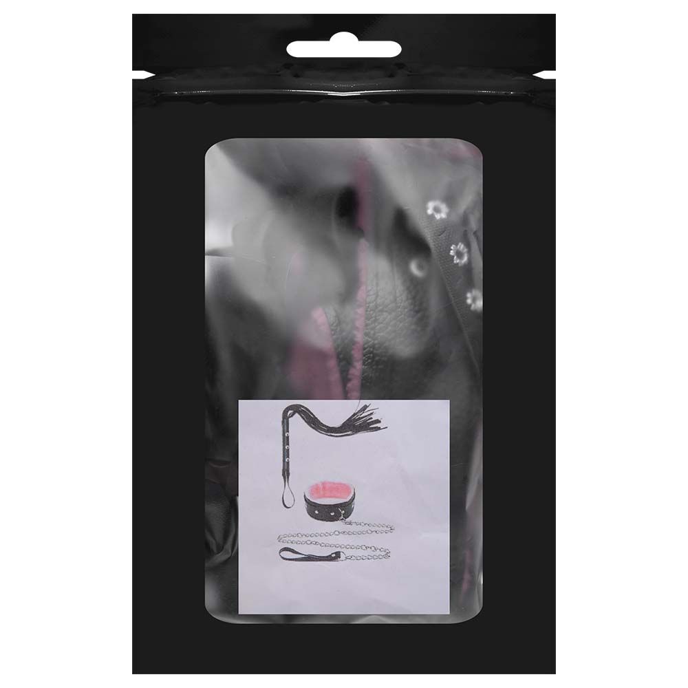 O Grego Sex Shop 4 Kit Coleira Guia Corrente Chicote Luxo Sexy Import - PRETO COM ROSA - Imagem 4